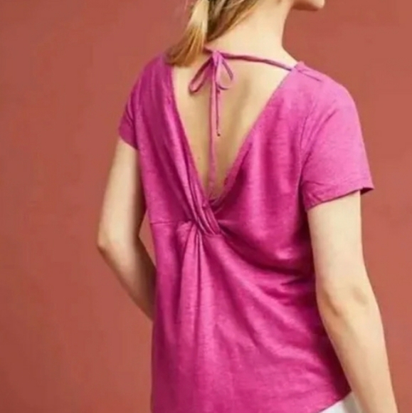 Anthropologie Maeve Pink Linen Top Sz Small Cowlneck Open Back Barbie - Picture 2 of 7